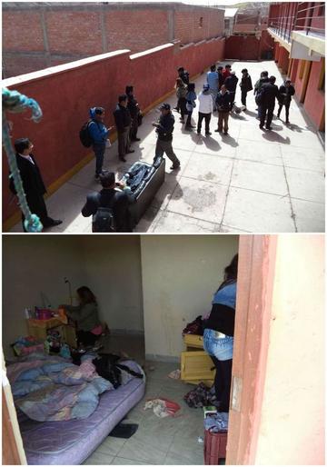 Arriba: Las autoridades en pleno operativo. Abajo: así vivían las chicas que estaban encerradas en el motel.