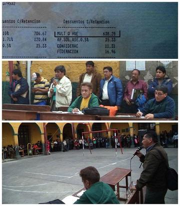 Arriba, una papeleta con el descuento. Abajo, la asamblea docente.