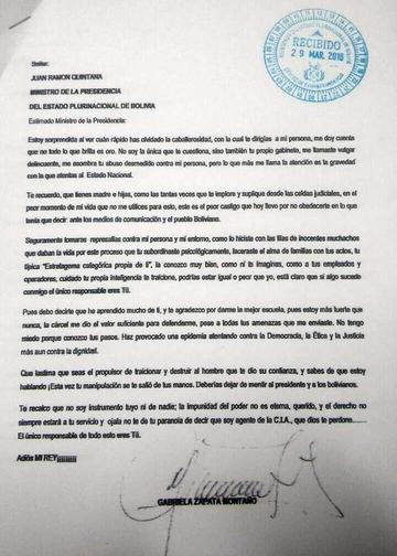 Zapata acusa al ministro Quintana de mentir y de traicionar al presidente