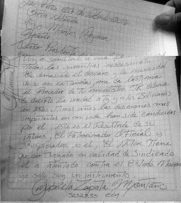 Zapata le envía carta a Morales 