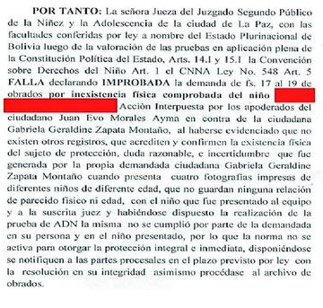 La resolución escrita de la juez extablece que el niño no existe.