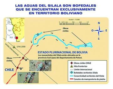 El ministerio de Defensa difundió un mapa que demuestra que el manantial nace en territorio boliviano.
