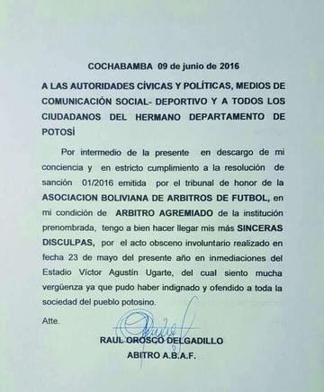 La nota que envío Raúl Orosco a los medios de comunicación.