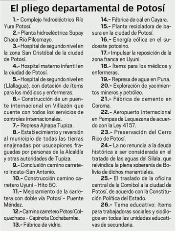 El pliego departamental de Potosí