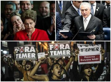 (Arriba-iqz ) El presidente Michel Temer fue investido tras la destitución de la exmandataria (arriba - der), mientras s