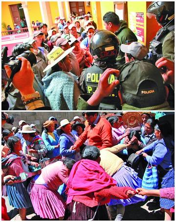 Arriba, los vecinos confrontados en afueras del Concejo. Abajo, los vecinos cerca de la plaza 10 de Noviembre.