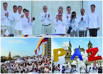 Arriba, el presidente de Colombia, Juan Manuel Santos (c-i) y máximo líder de las FARC, Rodrigo Londoño Echeverri (c-d),