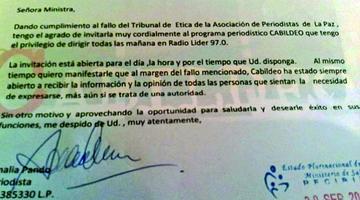 Pando invita a la ministra de Salud para su derecho a réplica