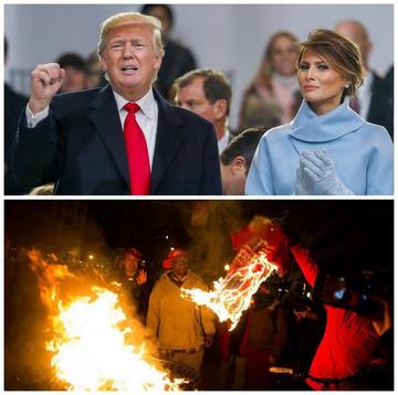 Arriba, el mandatario de Estados Unidos junto a su esposa. Abajo, protestantes queman productos del magnate.