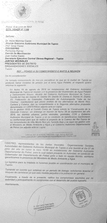 Esta es la carta enviada por el GADP a varios sectores de Tupiza.