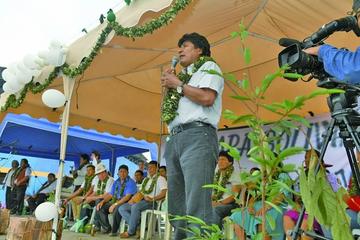 El presidente, Evo Morales, en el acto de clausura de la séptima feria de la coca en Villa Tunari, Cochabamba.
