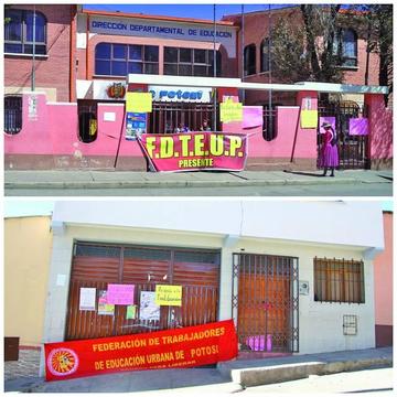Arriba, la Dirección Departamental cerrada. Abajo, la Dirección Distrital de Educación con puertas cerradas.