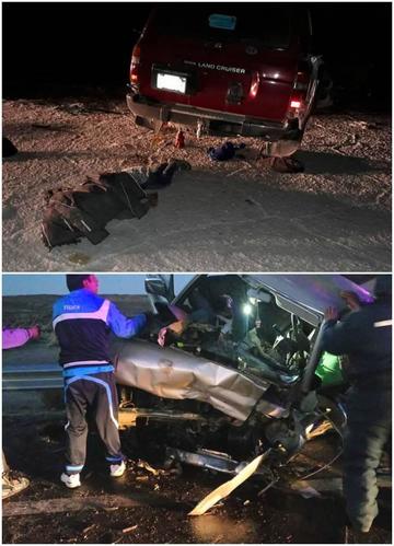 Arriba: el accidente en el salar. Abajo: la colisión de los vehículos.