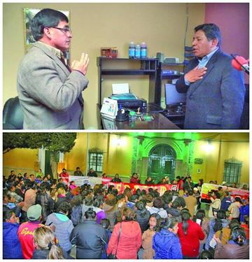 Arriba, posesión del director distrital interino. Abajo, la marcha de maestros por la noche.