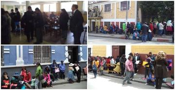 Arriba, a la izquierda, reparto de formularios. En las otras fotos, padres y madres de familia esperan información en un