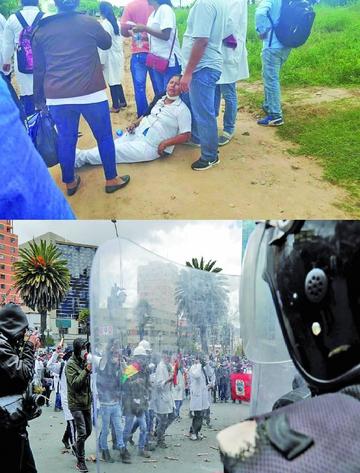 Arriba, enfrentamiento en Puerto Pailas. Abajo, movilización en La Paz.