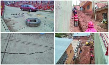 La plataforma del puente y las fisuras en el piso; Los obreros trabajando