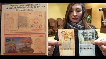 La nueva moneda de papel (izq). Los primeros cortes de la Familia de Billetes del Estado Plurinacional (der).
