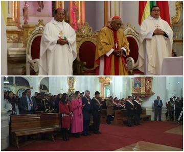 Arriba, cardenal Ticona (c) preside el tedeum. Abajo, asisten autoridades.