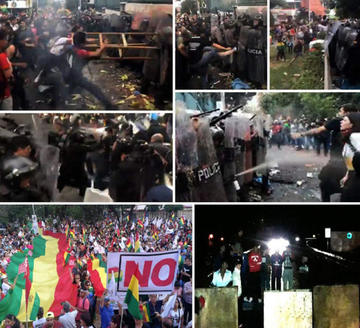 Coreaban: “¡fusil, metralla, el pueblo no se calla!”; “¡Bolivia dijo No!” y “Evo de nuevo; ¡huevo, carajo!”.