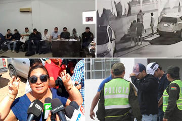 Arriba: audiencia de los imputados e imágen de la cámara de seguridad. Abajo: madre de uno de los implicados.