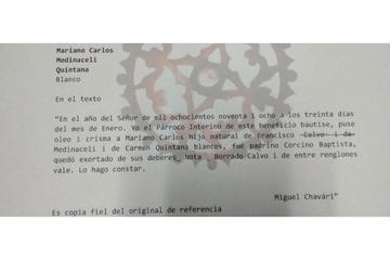 Certificado del ABAS sobre el contenido de la partida de bautismo de Carlos Medinaceli.
