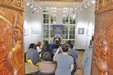 La conferencia de prensa en la Fundación Cultural del Banco Central de Bolivia (Fcbcb).