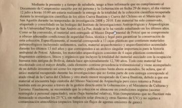 Parte central de la carta enviada al gobernador.
