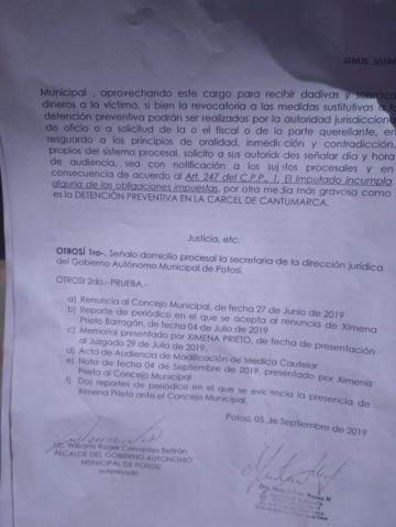 El memorial enviado por el alcalde