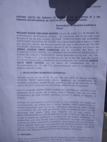 El memorial enviado por el alcalde