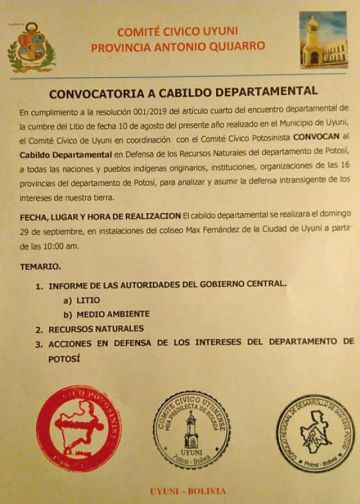 La convocatoria al cabildo de las 16 provincias potosinas.