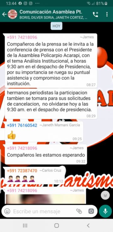El mensaje en el grupo de WhatsApp.