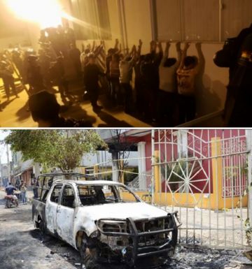 Arriba: los aprehendidos. Abajo: un vehículo fue quemado.