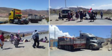 Comerciantes refuerzan la medida del autotransporte. Vehículos de alto tonelaje en una de las salidas de Potosí.