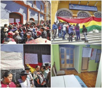 Los movilizados en el Ministerio Público.  Una bandera boliviana en la Asamblea. El despacho de la Defensora.
