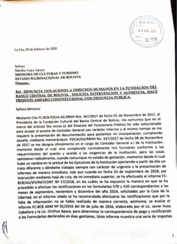 La carta enviada a la ministra de Culturas, Martha Yujra.