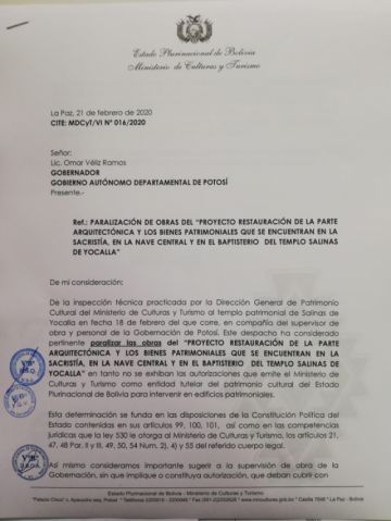 La carta emitida para el gobernador.