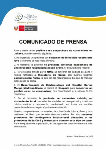El comunicado emitido en Perú.