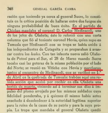 Página del libro de García Camba que hace referencia a la Batalla de Tumusla.