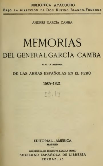 Portada de las Memorias del General García Camba.