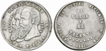 Moneda medalla de un cuarto de Melgarejo.