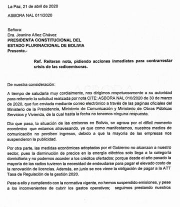 La nota enviada por la Asociación Boliviana de Radiodifusoras (Asbora)  a la presidenta Jeanine Áñez.
