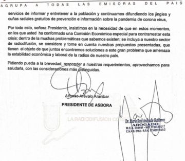 La nota enviada por la Asociación Boliviana de Radiodifusoras (Asbora)  a la presidenta Jeanine Áñez.
