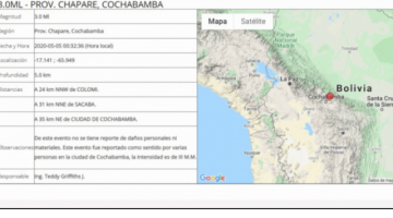 Un sismo superficial fue registrado esta madrugada en Cochabamba 