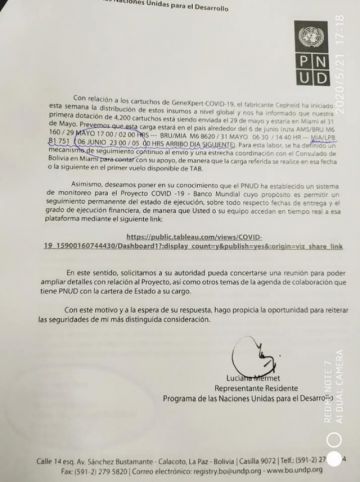 Carta que indica la fecha en la que llegarán los reactivos al país. FACEBOOK LUIS ALBERTO LÓPEZ