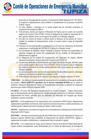 Resolución del COEM Tupiza