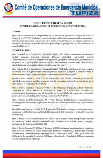 Resolución del COEM Tupiza