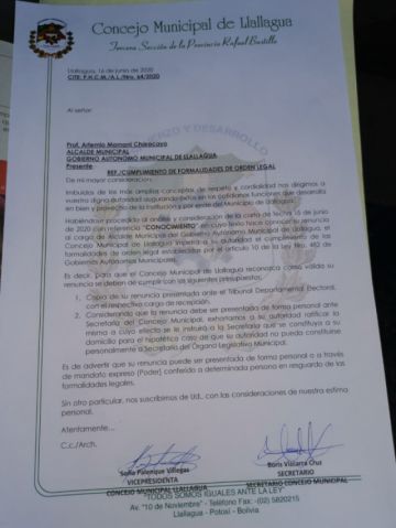 Carta dirigida a Mamani para subsanar sus documentos