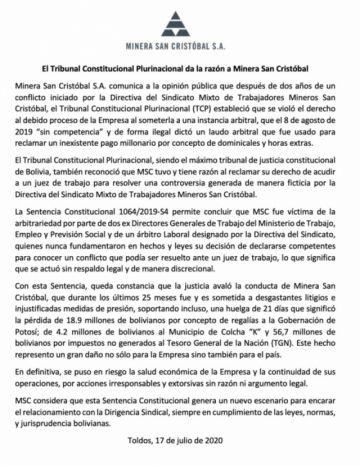 El comunicado de la empresa