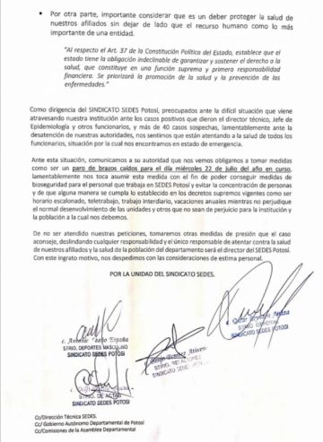 La nota del sindicato de trabajadores del Sedes.